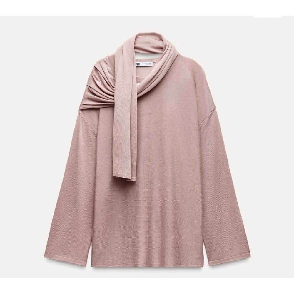 Zara silk blend knit Scarf Neck Long Sleeve Top Blouse Mauve Knit money‎ sz S/M